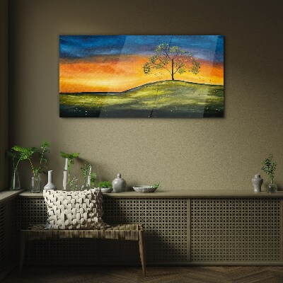 Golden hour over the hill Glass Print