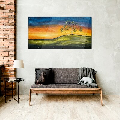 Golden hour over the hill Glass Print
