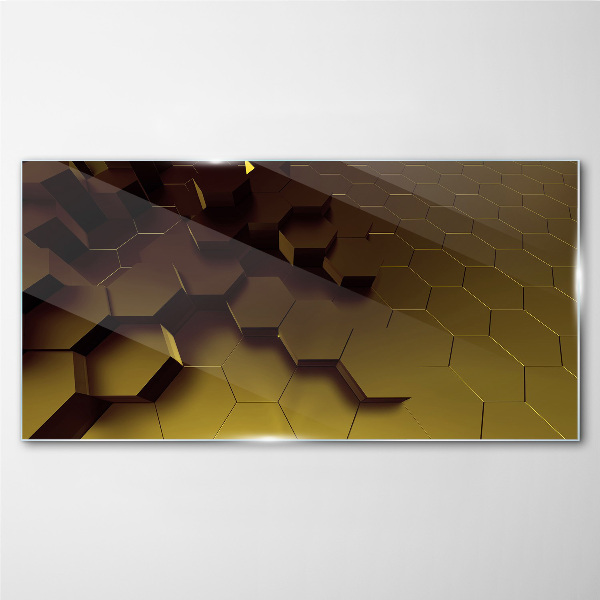Golden hexagons Glass Print