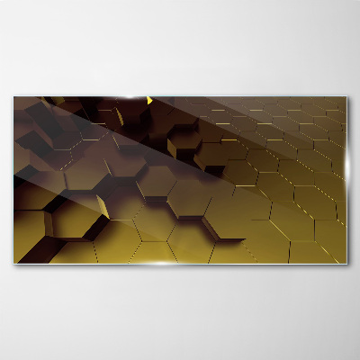 Golden hexagons Glass Print