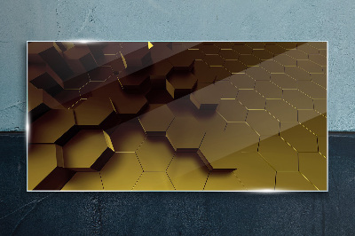 Golden hexagons Glass Print