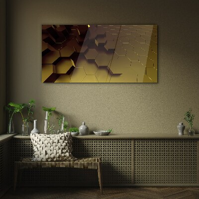 Golden hexagons Glass Print