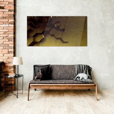 Golden hexagons Glass Print