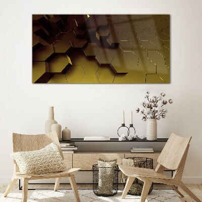 Golden hexagons Glass Print