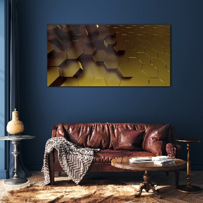 Golden hexagons Glass Print