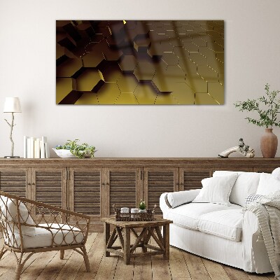 Golden hexagons Glass Print