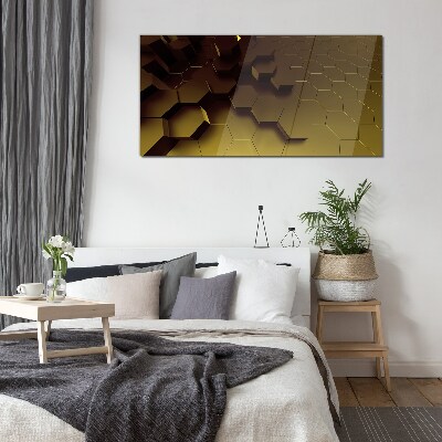 Golden hexagons Glass Print