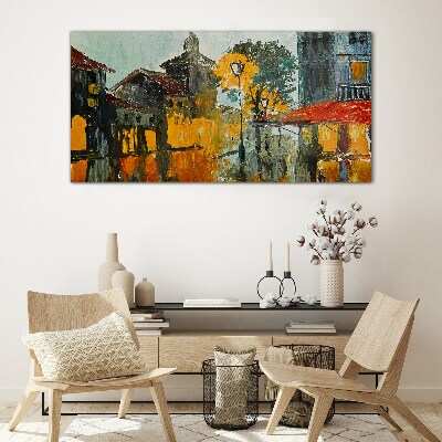 The golden reflection of the urban landscape Glass Wall Art