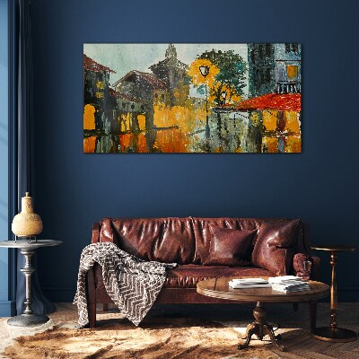 The golden reflection of the urban landscape Glass Wall Art