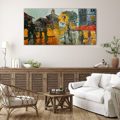The golden reflection of the urban landscape Glass Wall Art