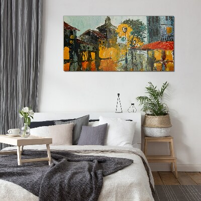 The golden reflection of the urban landscape Glass Wall Art
