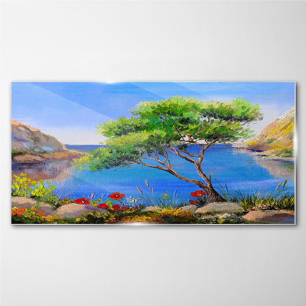 A peaceful landscape by the water Glass Wall Art