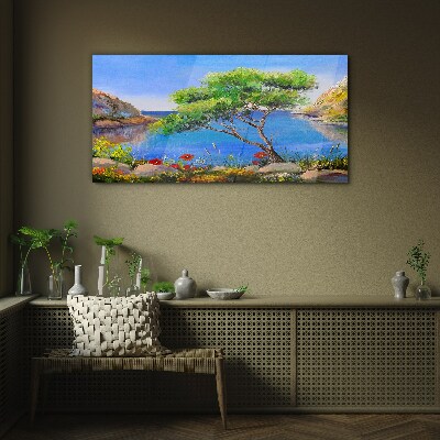 A peaceful landscape by the water Glass Wall Art