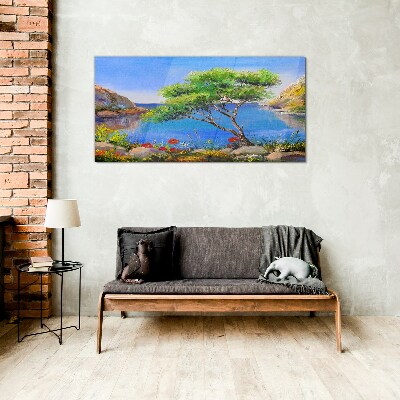 A peaceful landscape by the water Glass Wall Art