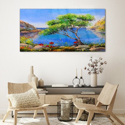 A peaceful landscape by the water Glass Wall Art