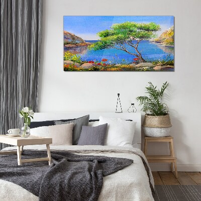 A peaceful landscape by the water Glass Wall Art