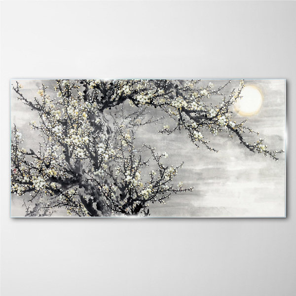 A blooming branch in a monochromatic tone Glass Wall Art