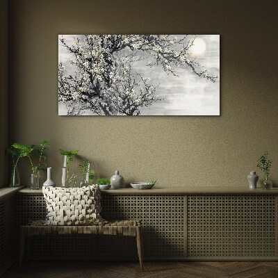 A blooming branch in a monochromatic tone Glass Wall Art