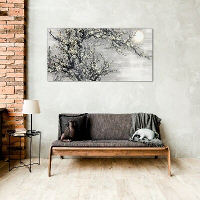 A blooming branch in a monochromatic tone Glass Wall Art