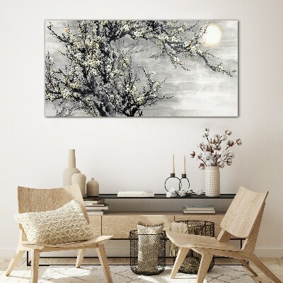 A blooming branch in a monochromatic tone Glass Wall Art