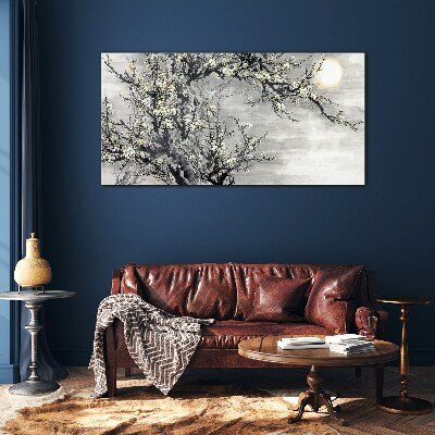 A blooming branch in a monochromatic tone Glass Wall Art