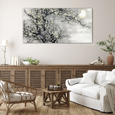 A blooming branch in a monochromatic tone Glass Wall Art
