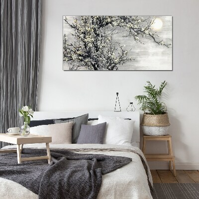 A blooming branch in a monochromatic tone Glass Wall Art