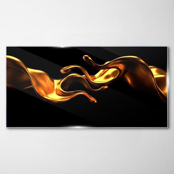 Golden waves on a black background Glass Print