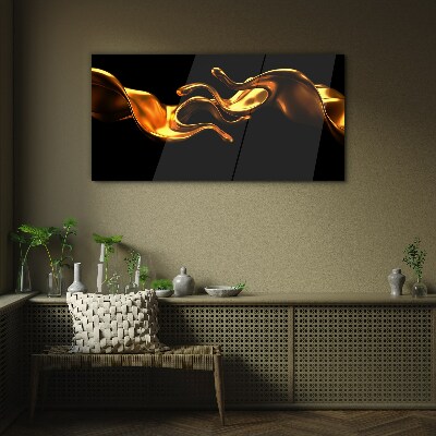 Golden waves on a black background Glass Print