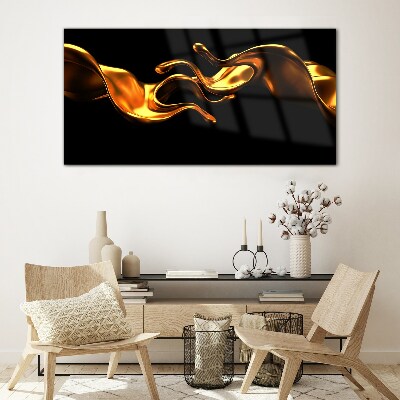 Golden waves on a black background Glass Print