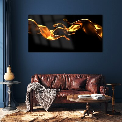 Golden waves on a black background Glass Print