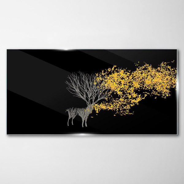 Golden leaves on black background Glass Print