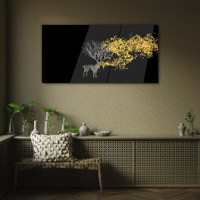 Golden leaves on black background Glass Print