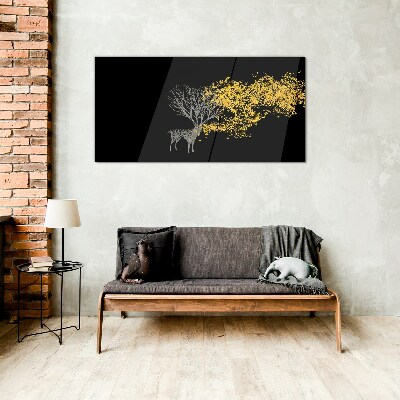 Golden leaves on black background Glass Print