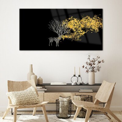 Golden leaves on black background Glass Print