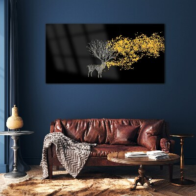 Golden leaves on black background Glass Print