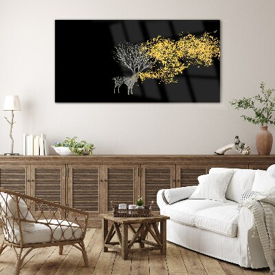 Golden leaves on black background Glass Print