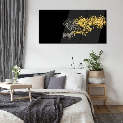 Golden leaves on black background Glass Print