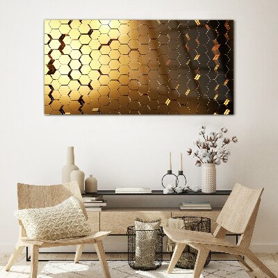 Golden hexagons in the light Glass Print