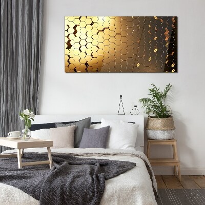 Golden hexagons in the light Glass Print