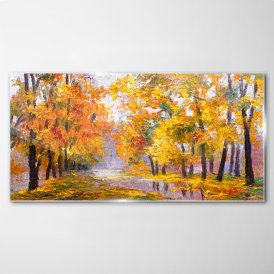 Golden autumn in the park Glass Wall Art
