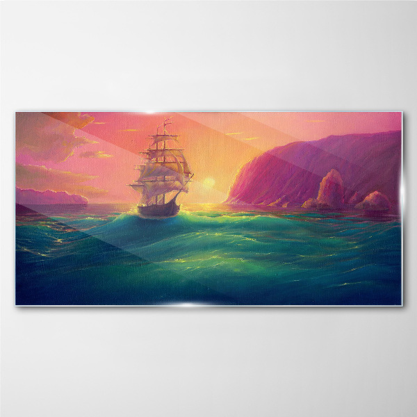 Sea ​​ships sunset Glass Print