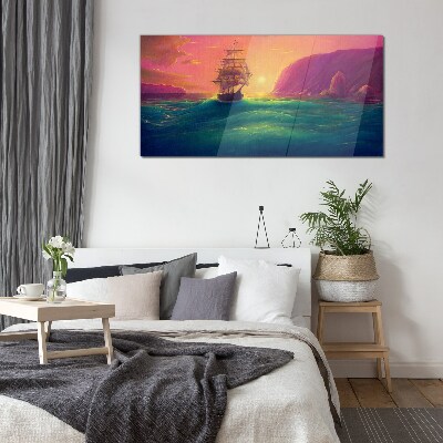 Sea ​​ships sunset Glass Print