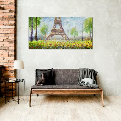 Tree flowers eiffel tower Glass Print