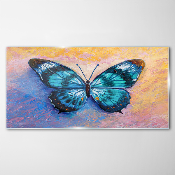 Blue butterfly on pastel background Glass Print