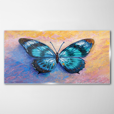 Blue butterfly on pastel background Glass Print