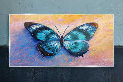Blue butterfly on pastel background Glass Print
