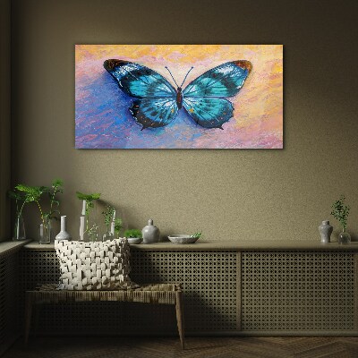Blue butterfly on pastel background Glass Print