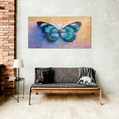 Blue butterfly on pastel background Glass Print