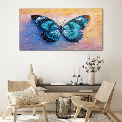 Blue butterfly on pastel background Glass Print